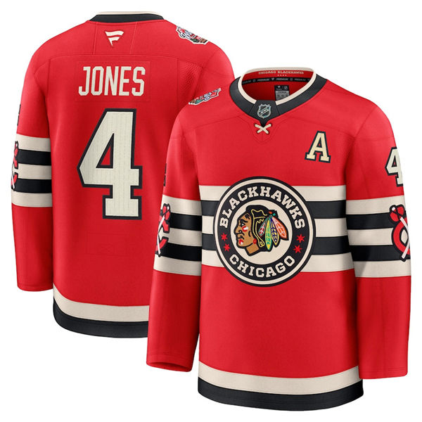 Mens Chicago Blackhawks #4 Seth Jones Fanatics Red 2025 NHL Winter Classic Premium Jersey 