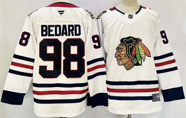 Mens Chicago Blackhawks #98 Connor Bedard Fanatics Away White Stitched Jersey 