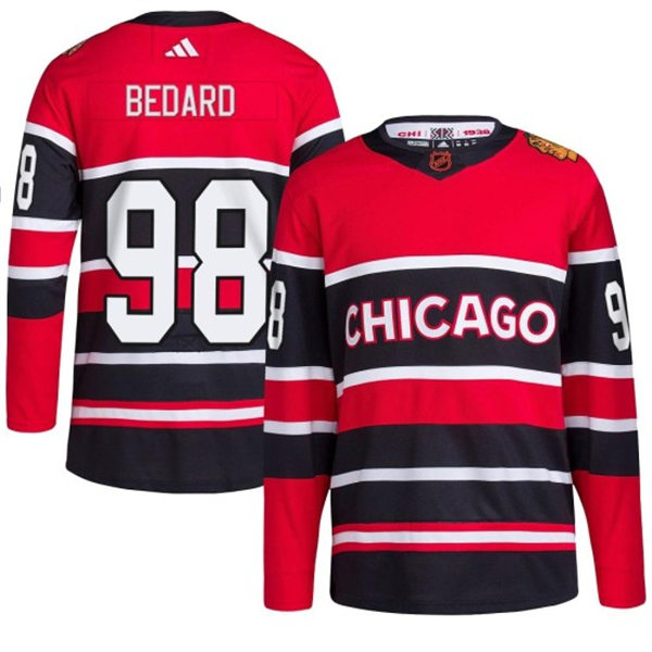 Mens Chicago Blackhawks #98 Connor Bedard Red Black 2022 Reverse Retro Primegreen Jersey 