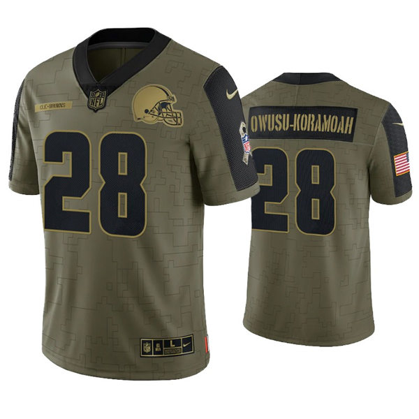 Mens Cleveland Browns #28 Jeremiah Owusu-Koramoah Stitched Nike Olive 2021 Salute To Service Limited