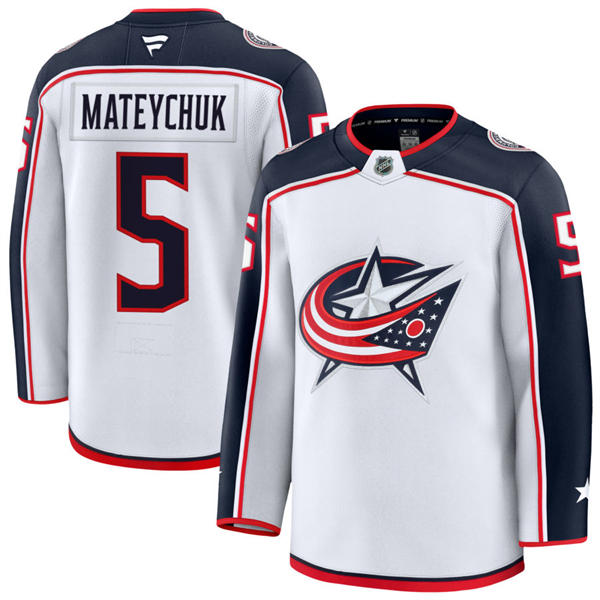 Mens Columbus Blue Jackets #5 Denton Mateychuk Fanatics White Away Player Jersey 