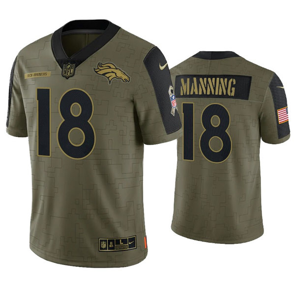 Mens Denver Broncos Retired Player #18 Peyton Manning Nike Olive 2021 Salute To Service Limited