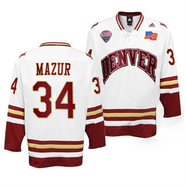 Mens Denver Pioneers #34 Carter Mazur White College Hockey Game Jersey