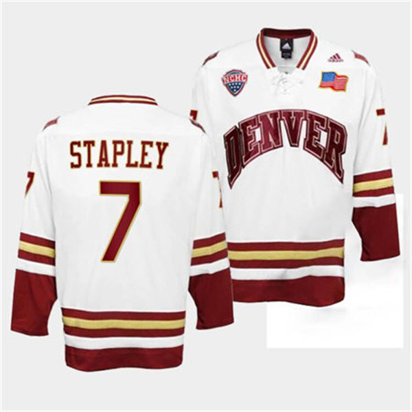 Mens Denver Pioneers #7 Brett Stapley White College Hockey Game Jersey