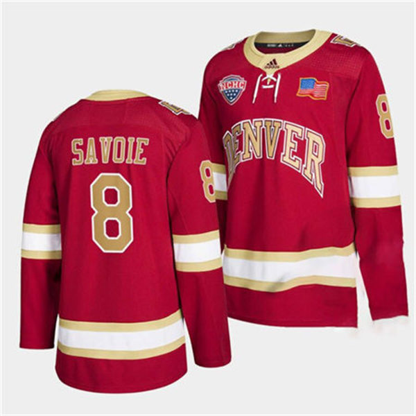 Mens Denver Pioneers #8 Carter Savoie Crimson College Hockey Game Jersey