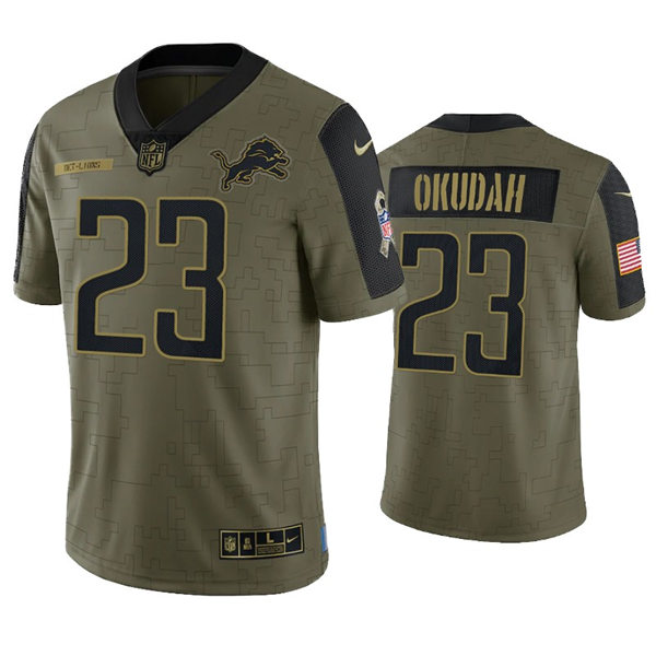 Mens Detroit Lions #23 Jeff Okudah Nike Olive 2021 Salute To Service Limited Jersey