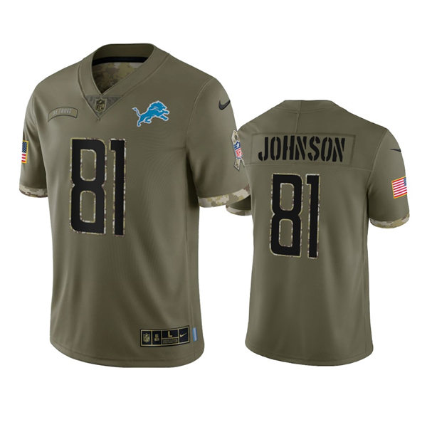 Mens Detroit Lions Retired Player #81 Calvin Johnson 2022 Salute To Service Limited Jersey Olive