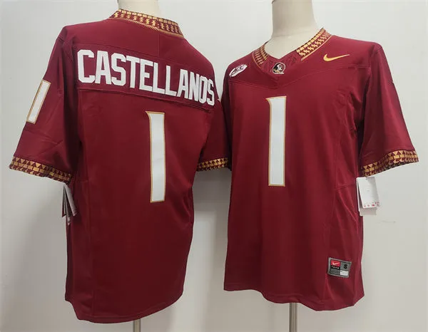 Mens Florida State Seminoles #1 Thomas Castellanos 2025 Maroon Football Game Jersey 