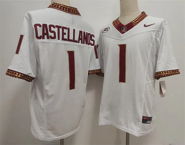 Mens Florida State Seminoles #1 Thomas Castellanos 2025 White Football Game Jersey 