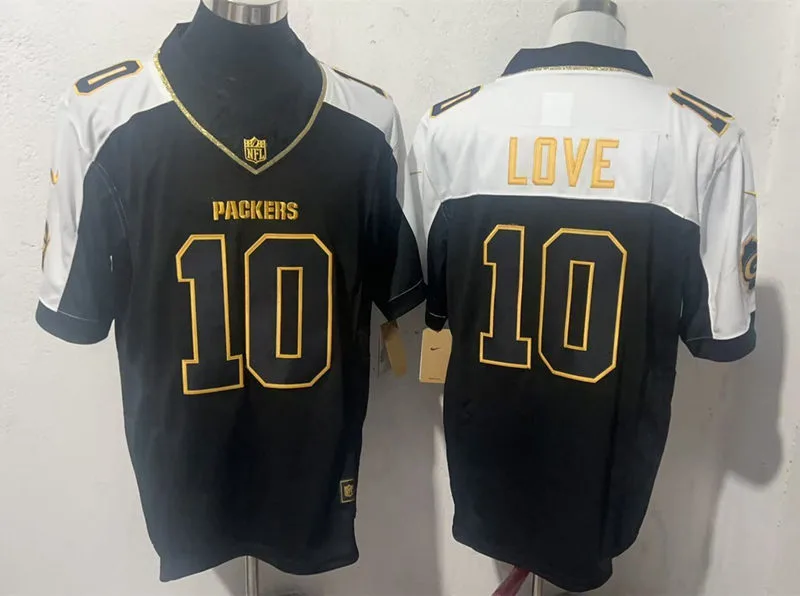 Mens Green Bay Packers #10 Jordan Love Black White Golden Gratitude F.U.S.E. Vapor Limited Jersey 