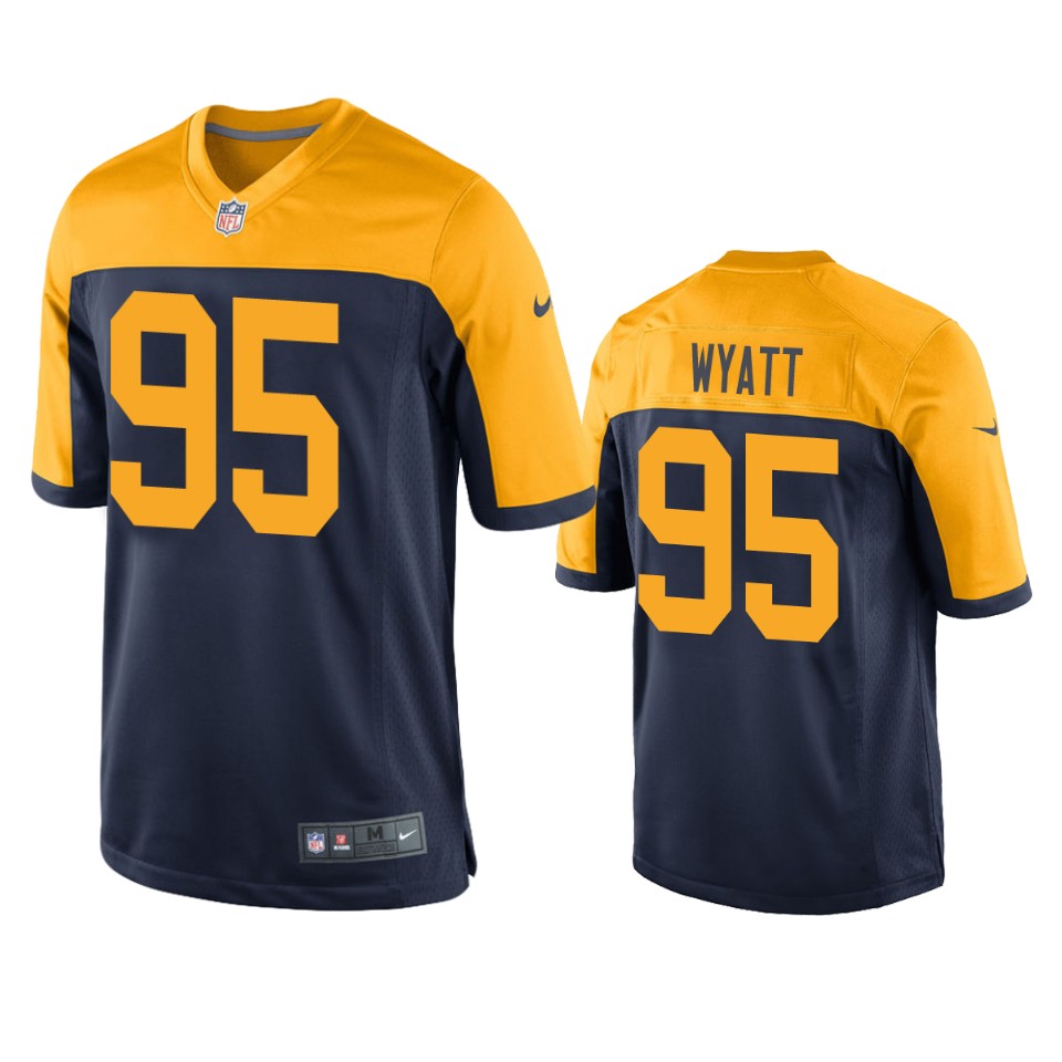 Mens Green Bay Packers #95 Devonte Wyatt Nike Navy Gold Throwback Limited Jersey