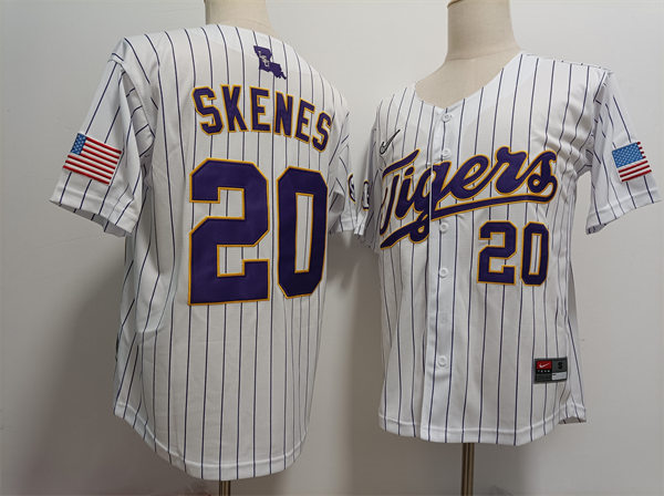 Mens LSU Tigers #20 Paul Skenes Nike White Pinstripe 2023 College Baseball Jersey 