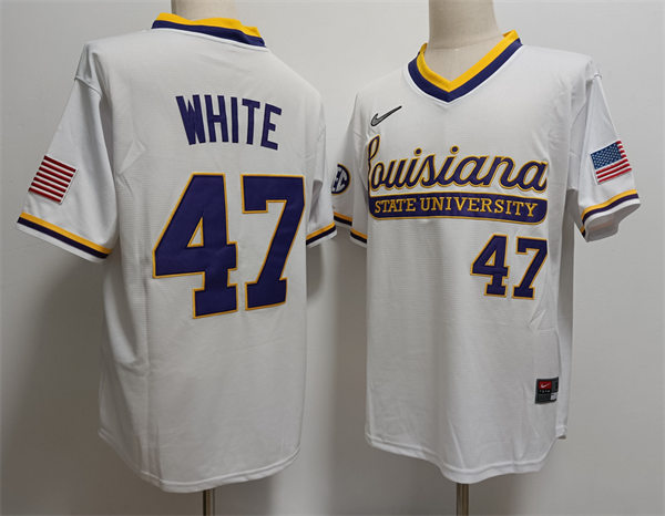 Mens LSU Tigers #47 Tommy White 2024 White Pullover Baseball Game Jersey 