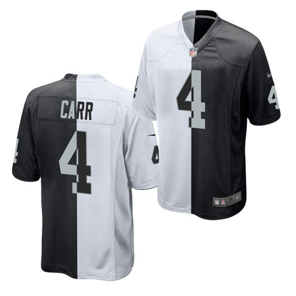 Mens Las Vegas Raiders #4 Derek Carr Black White Split Two Tone Game Jersey