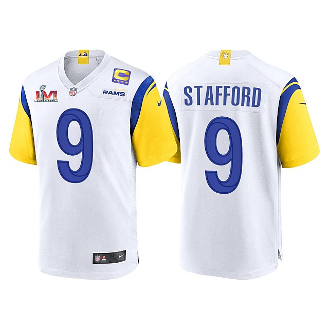 Mens Los Angeles Rams #9 Matthew Stafford Jersey with Captain C patch 2021 White Modern Throwback Vapor