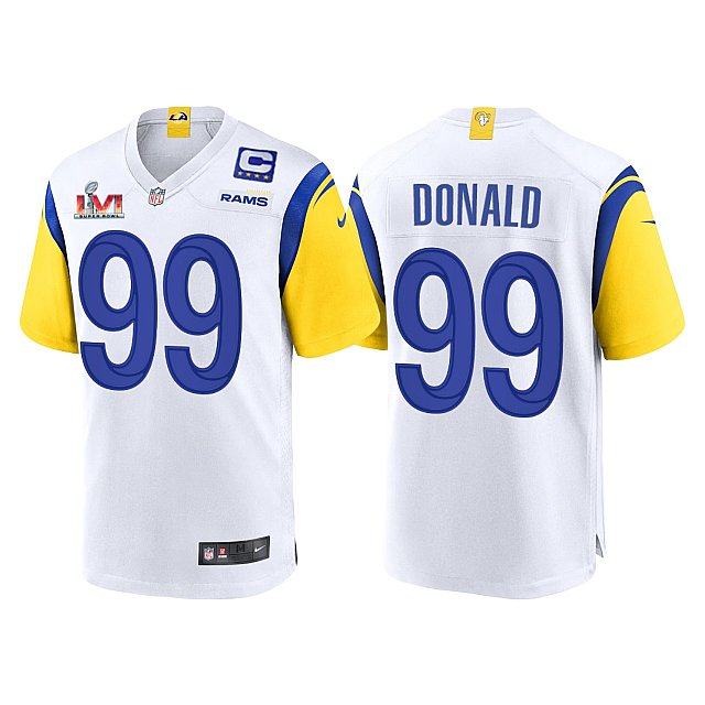 Mens Los Angeles Rams #99 Aaron Donald Jersey with Captain C patch 2021 White Modern Throwback Vapor