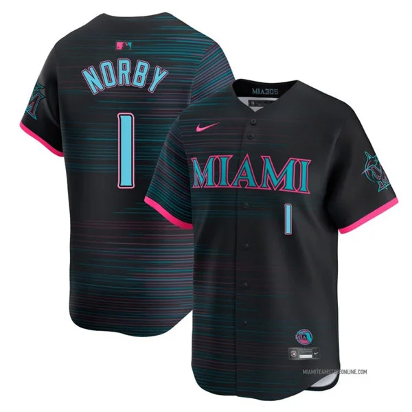 Mens Miami Marlins #1 Connor Norby Nike Black City Connect 2.0 Jersey 