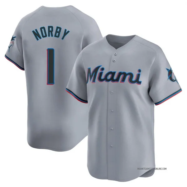 Mens Miami Marlins #1 Connor Norby Nike Gray Road Limited Jersey 