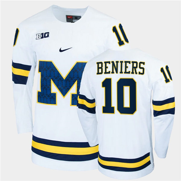 Mens Michigan Wolverines #10 Matty Beniers Stitched Nike White BIG M Hockey Jerseys