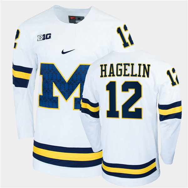 Mens Michigan Wolverines #12 Carl Hagelin Nike White Big M College Hockey Game Jerseys