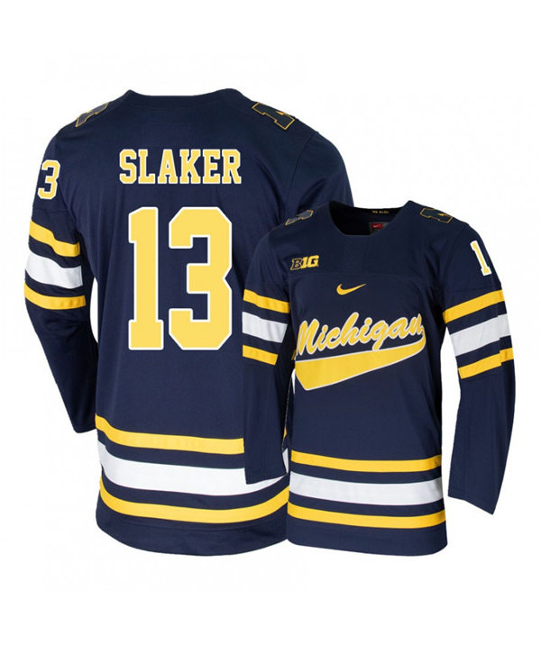 Mens Michigan Wolverines #13 Jake Slaker Stitched Nike Navy Hockey Jersey 
