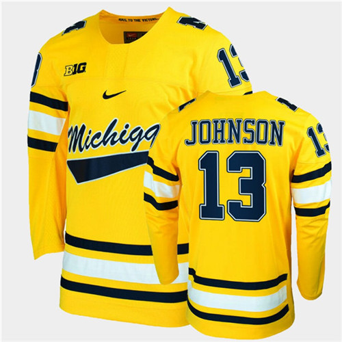 Mens Michigan Wolverines #13 Kent Johnson Stitched Nike Gold Hockey Jerseys