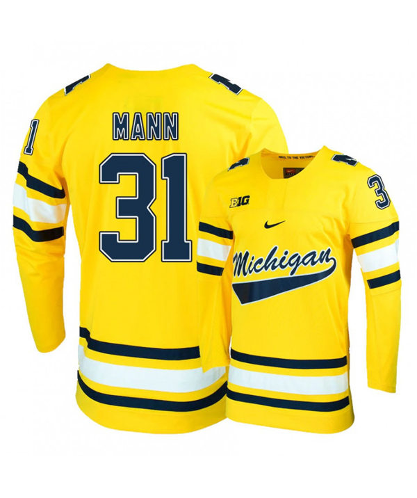 Mens Michigan Wolverines #31 Strauss Mann Stitched Nike Gold Hockey Jerseys