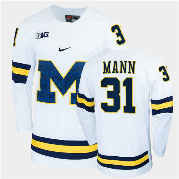 Mens Michigan Wolverines #31 Strauss Mann Stitched Nike White BIG M Hockey Jerseys
