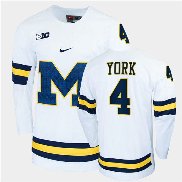 Mens Michigan Wolverines #4 Cameron York Nike White Big M College Hockey Game Jerseys