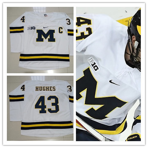 Mens Michigan Wolverines #43 Quinn Hughes Nike White BIG M Hockey Jerseys