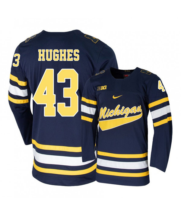 Mens Michigan Wolverines #43 Quinn Hughes Stitched Nike Navy Hockey Jerseys