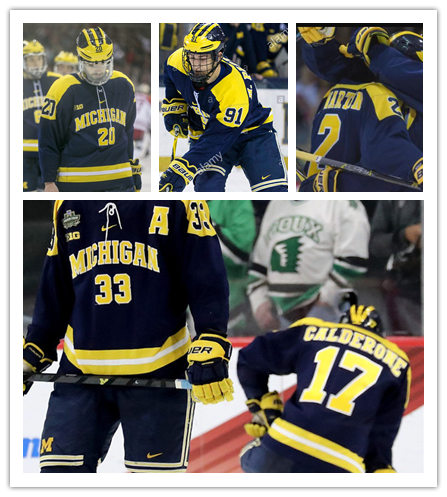 Mens Michigan Wolverines Custom Quinn Hughes Tyler Motte DYLAN LARKIN Zach Werenski Cameron York Owen Power Nike Navy Gold 
