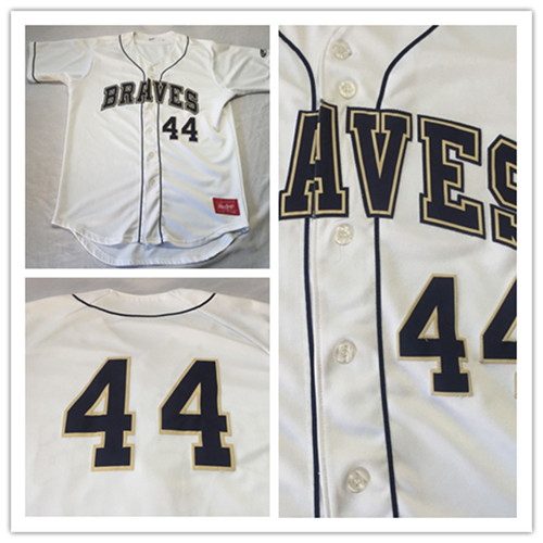 Mens Milwaukee Braves #44 Hank Aaron White Navy Mitchell&Ness Cooperstown Throwback Jerseys