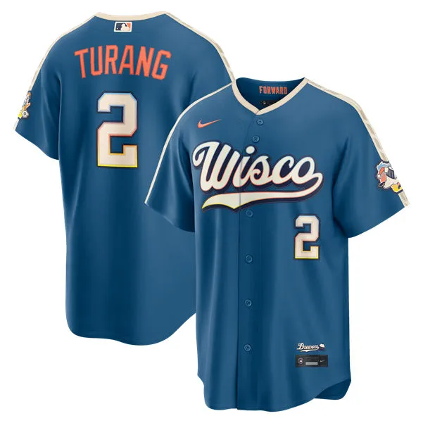Mens Milwaukee Brewers #2 Brice Turang Nike 2026 Mineral Blue Wisco City City Connect Stadium Jersey 
