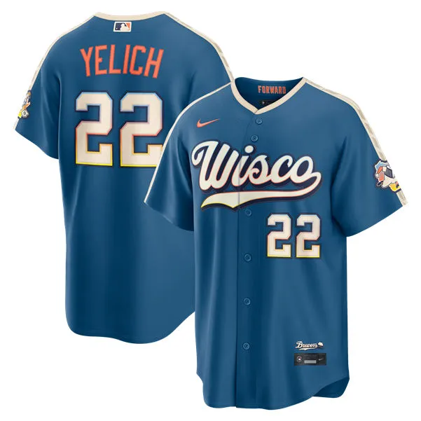 Mens Milwaukee Brewers #22 Christian Yelich Nike 2026 Mineral Blue Wisco City City Connect Stadium Jersey 