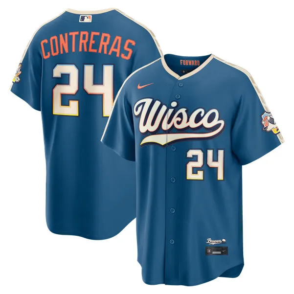 Mens Milwaukee Brewers #24 William Contreras Nike 2026 Mineral Blue Wisco City City Connect Stadium Jersey 