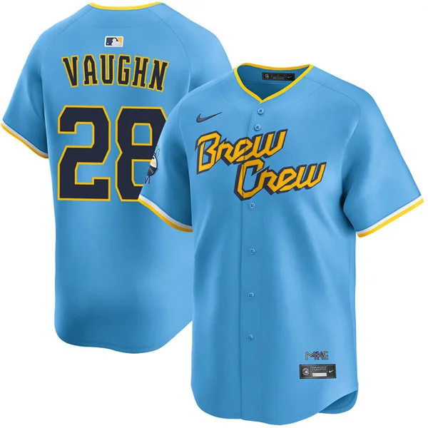 Mens Milwaukee Brewers #28 Andrew Vaughn Powder Blue City Connect Limited Jersey 