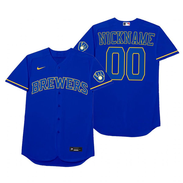 Mens Milwaukee Brewers Custom Rollie Fingers Bob Uecker Cecil Cooper Hank Aaron Nike Royal 2021 Players' Weekend Nickname Jersey
