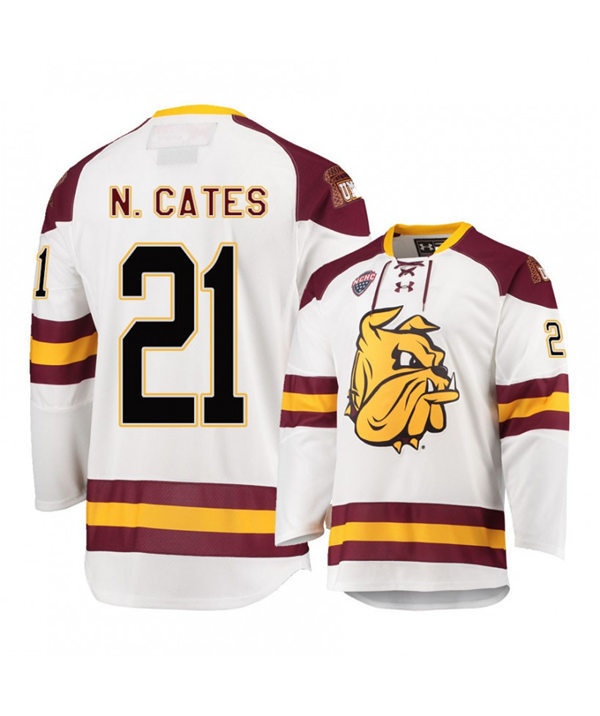 Mens Minnesota Duluth Bulldogs #21 Noah Cates Under Armour White College Hockey Jersey