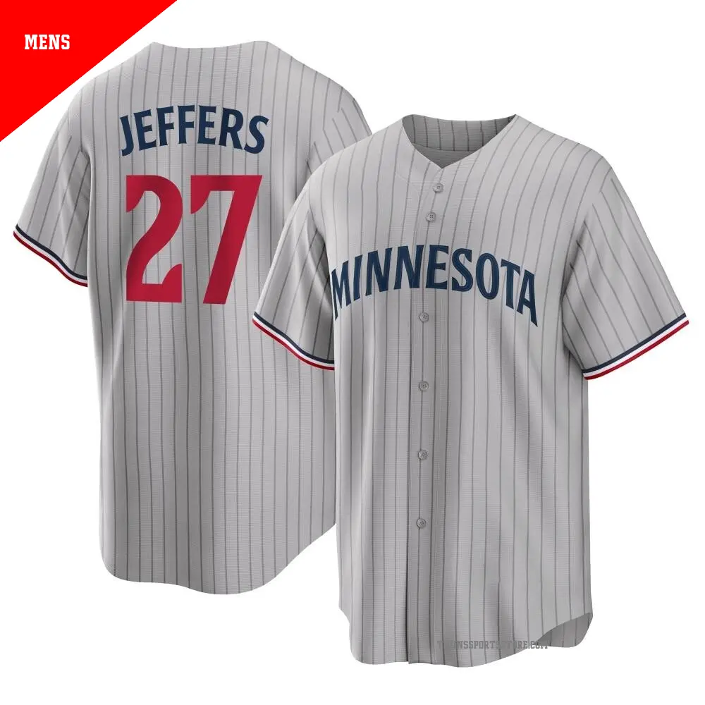 Mens Minnesota Twins #27 Ryan Jeffers Nike Gray Pinstripe Vapor Limited Player Jersey 