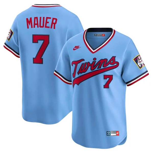 Mens Minnesota Twins Retired Player #7 Joe Mauer Nike Light Blue Throwback Cooperstown Collection Limited Jersey 