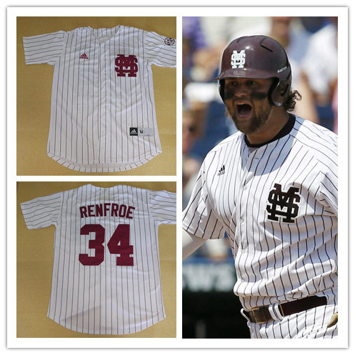 Mens Mississippi State Bulldogs #34 Hunter Renfroe 2012-17 White Pinstripe MS Adidas Full-button Baseball Jersey