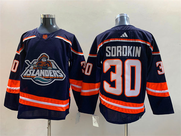Mens New York Islanders #30 Ilya Sorokin Navy 2022 Reverse Retro Primegreen Jersey 