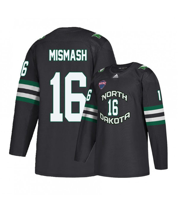 Mens North Dakota Fighting Hawks #16 Grant Mismash Black 2020 Adidas College Hockey Game Jersey