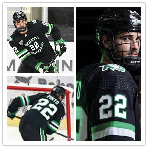 Mens North Dakota Fighting Hawks #22 Shane Pinto Black 2020 Adidas College Hockey Game Jersey