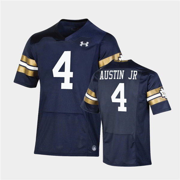 Mens Notre Dame Fighting Irish #4 Kevin Austin Jr Under Armour Navy 2021 Shamrock Series Game Jersey