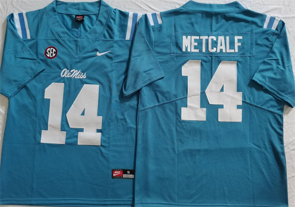 Mens Ole Miss Rebels #14 Dk Metcalf Light Blue F.U.S.E. Limited Football Game Jersey 