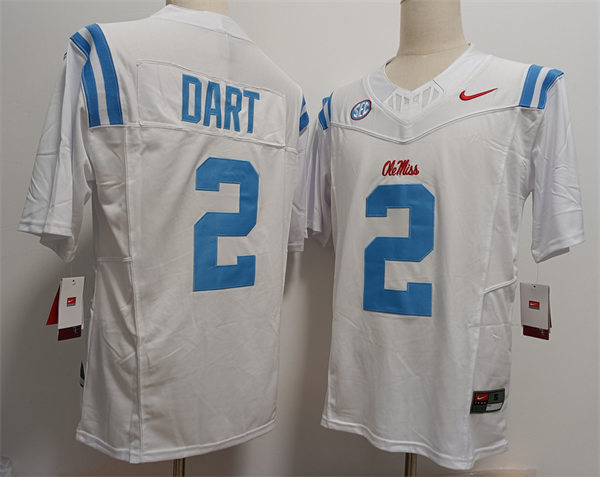 Mens Ole Miss Rebels #2 Jaxson Dart 2024 White Blue F.U.S.E. Limited Football Game Jersey 