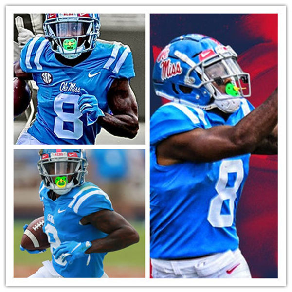 Mens Ole Miss Rebels #8 Elijah Moore Nike Light Blue College Football Game Jersey