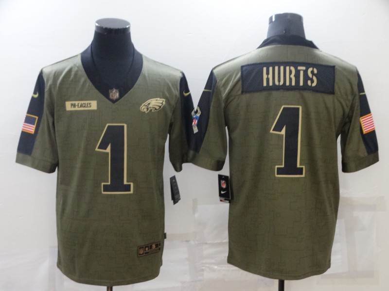 Mens Philadelphia Eagles #1 Jalen Hurts Nike Olive 2021 Salute to Service Limited Jersey
